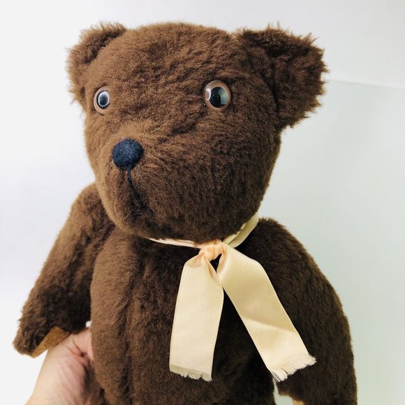 Vintage Dark Brown Teddy Bear 15" Jointed Retired Plush Toy Ribbon Bow Tie - Picture 6 of 6